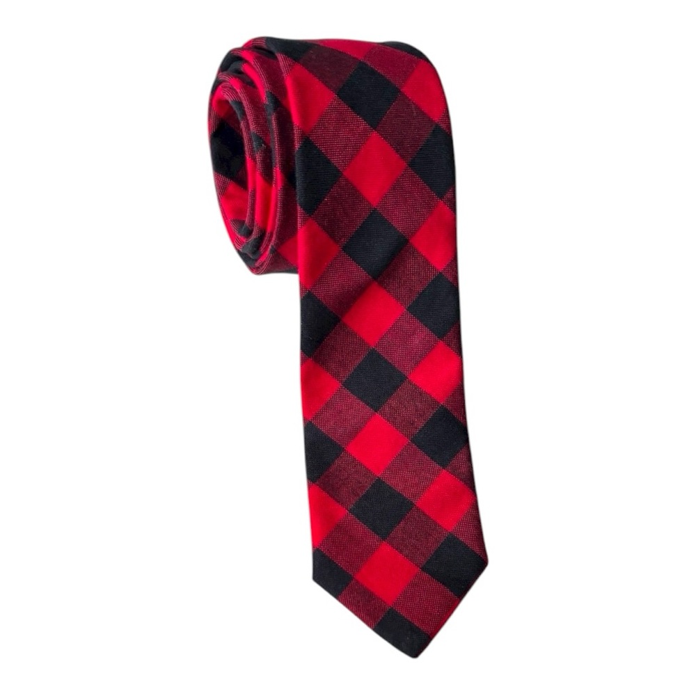 J. Crew slim red and black Buffalo Plaid handmade in USA cotton tie
